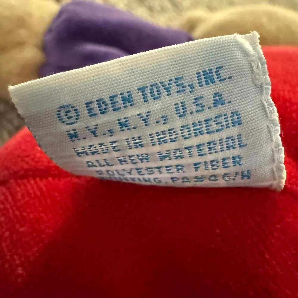 Vintage Eden Teddy Bear Plush Velour Primary Colors Rainbow Bow 13” Toy - RARE